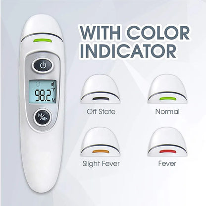 Finicare infrared thermometer with colour-coded fever alert on a light gray background.