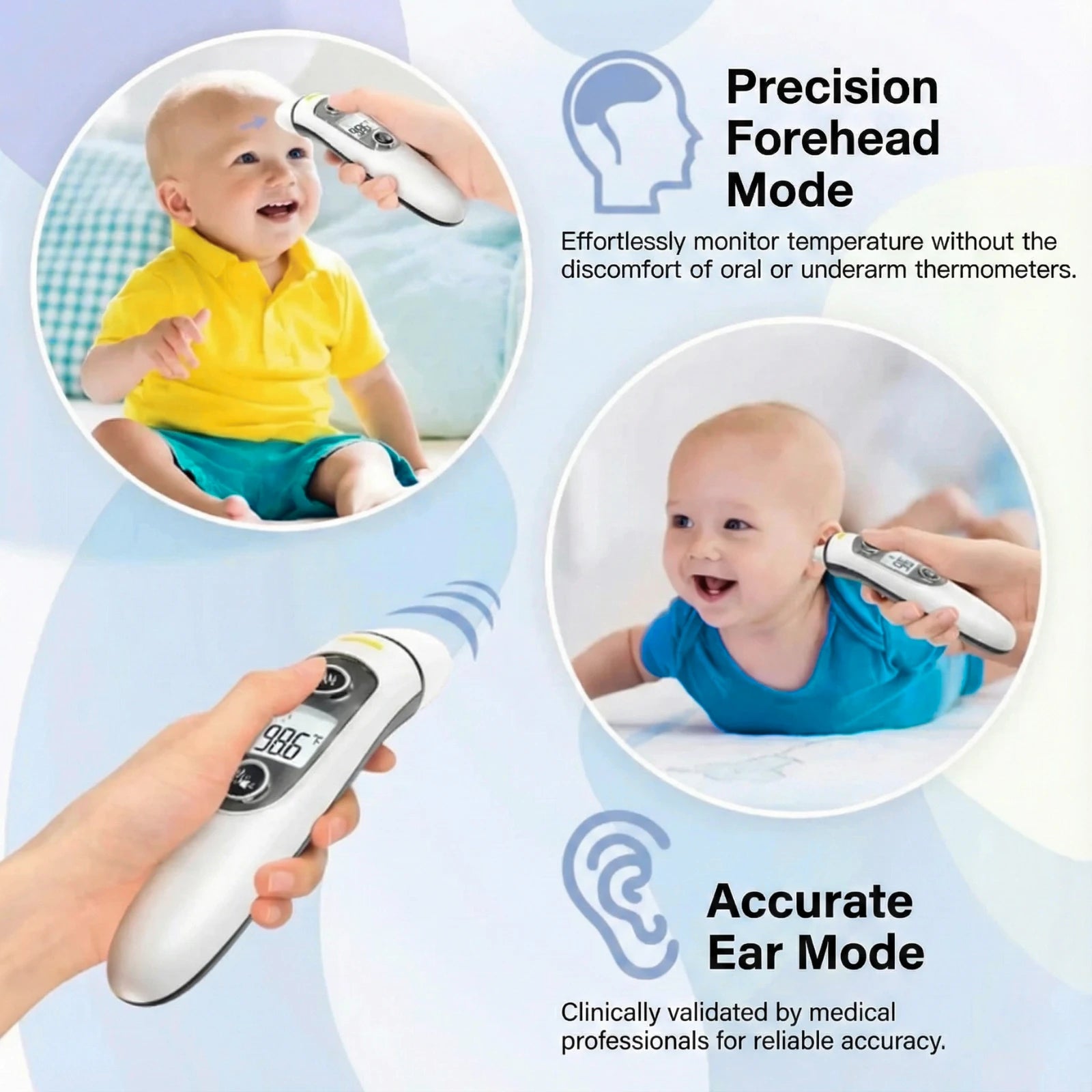 Infrared thermometer being used on a child with text highlighting precision forehead and accurate ear modes.