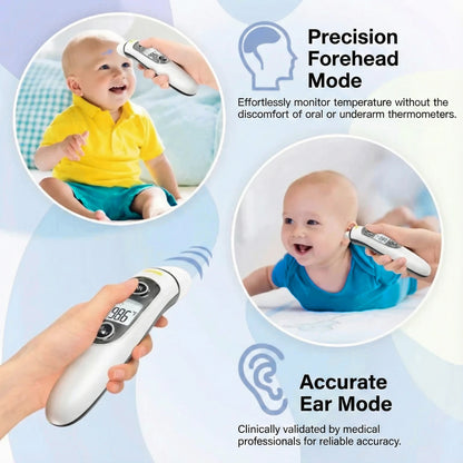 Infrared thermometer being used on a child with text highlighting precision forehead and accurate ear modes.