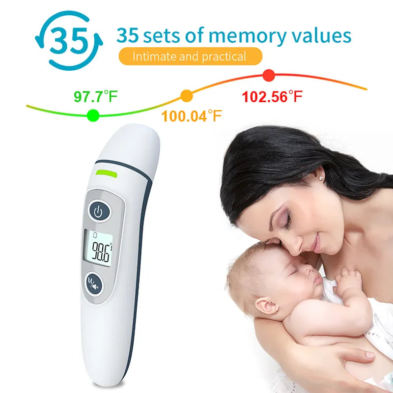 Finicare infrared thermometer with a woman holding a baby and temperature readings displayed.