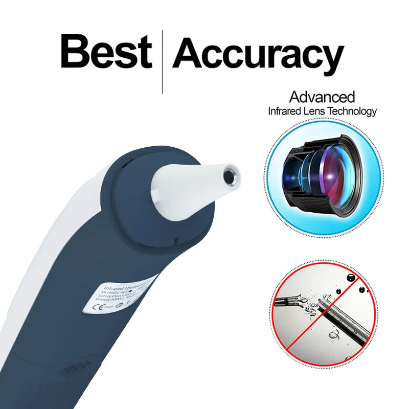Finicare infrared thermometer on a white background, featuring a 'Best Accuracy' text badge and an illustration of its advanced lens technology.