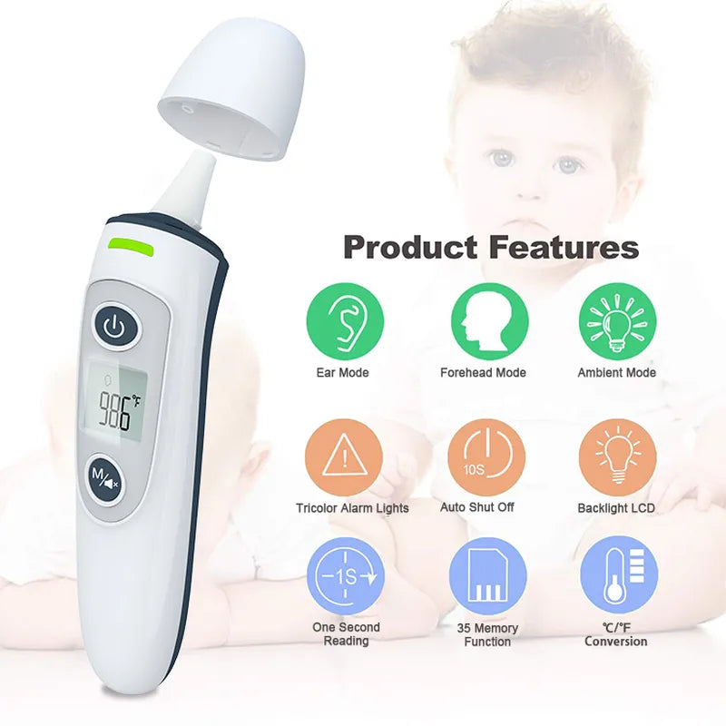 Finicare infrared thermometer with features displayed on a white background.