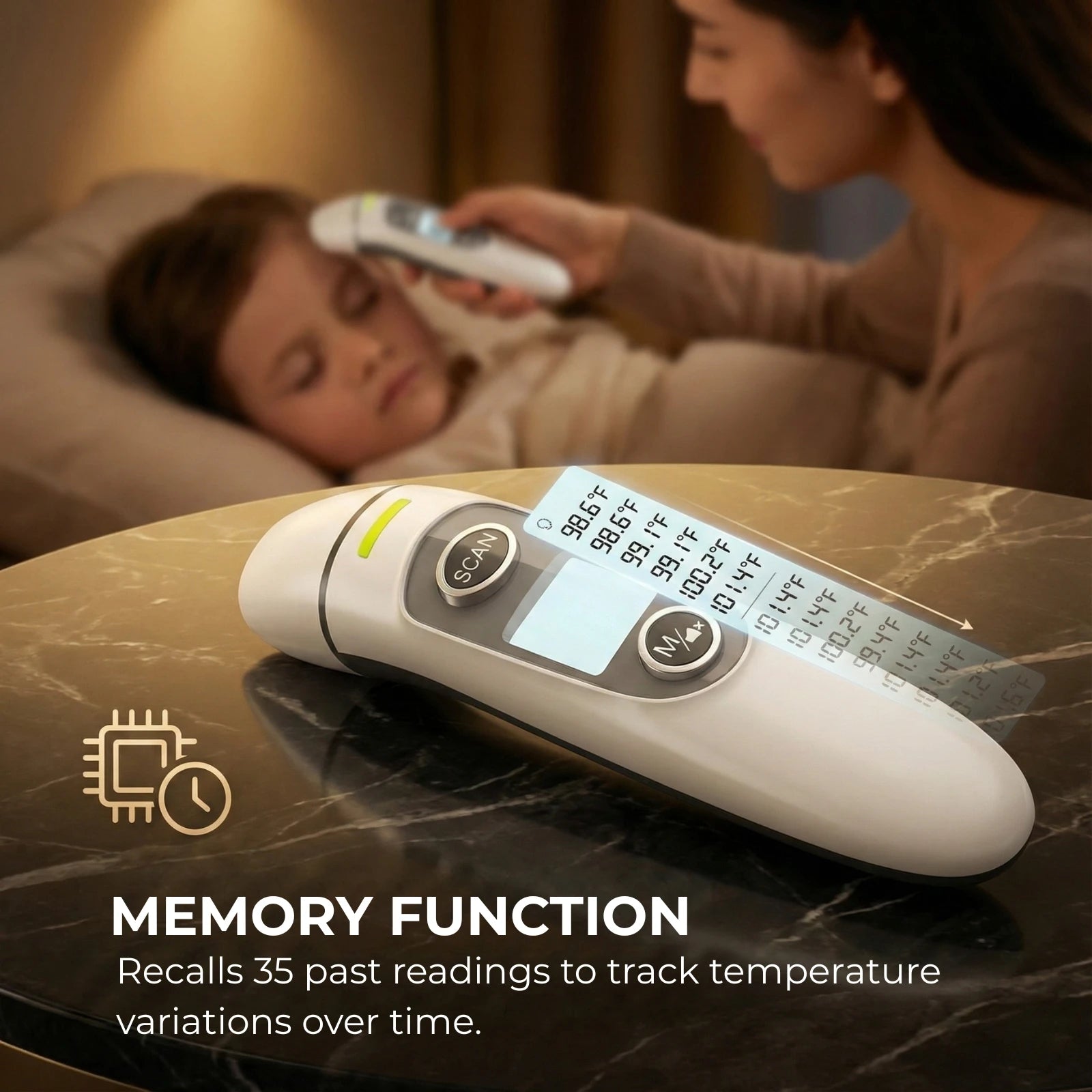 Finicare thermometer on a marble surface with a child and adult in the background. Shows the memory function.