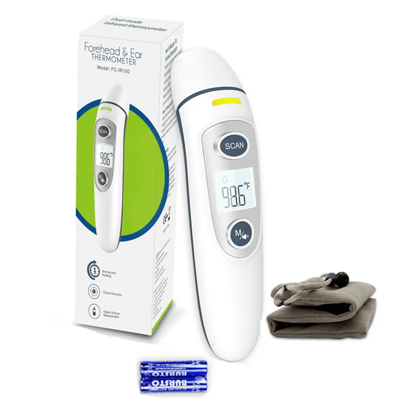 Finicare infrared thermometer with packaging, batteries, and a cloth on a white background