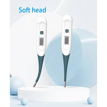 Two Finicare digital thermometers on a light blue background with 'Soft head' text.