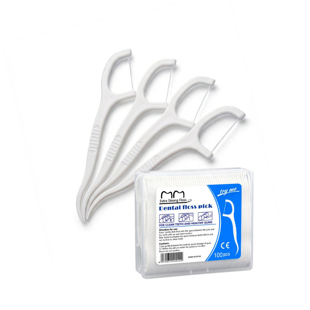 Pack of dental floss picks with packaging on a white background