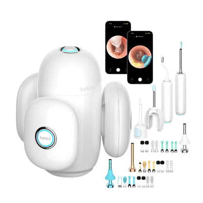 Bebird H30S device with attachments and smartphone screens displaying images on a white background