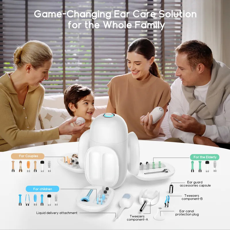 Family using bebird Home 30S ear care system with product display in the foreground