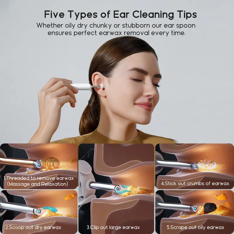 Woman using Bebird Home 30S ear care system with 5 types of cleaning tips on a gray background