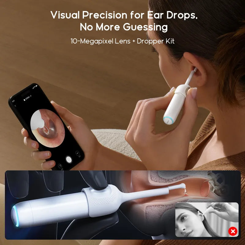 Person using Bebird Home 30S ear drop applicator with smartphone camera for precision, text 'Visual Precision for Ear Drops. No More Guessing'.