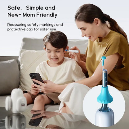 Woman and child using the bebird Home 30S with reassuring safety markings and protective cap on a light background