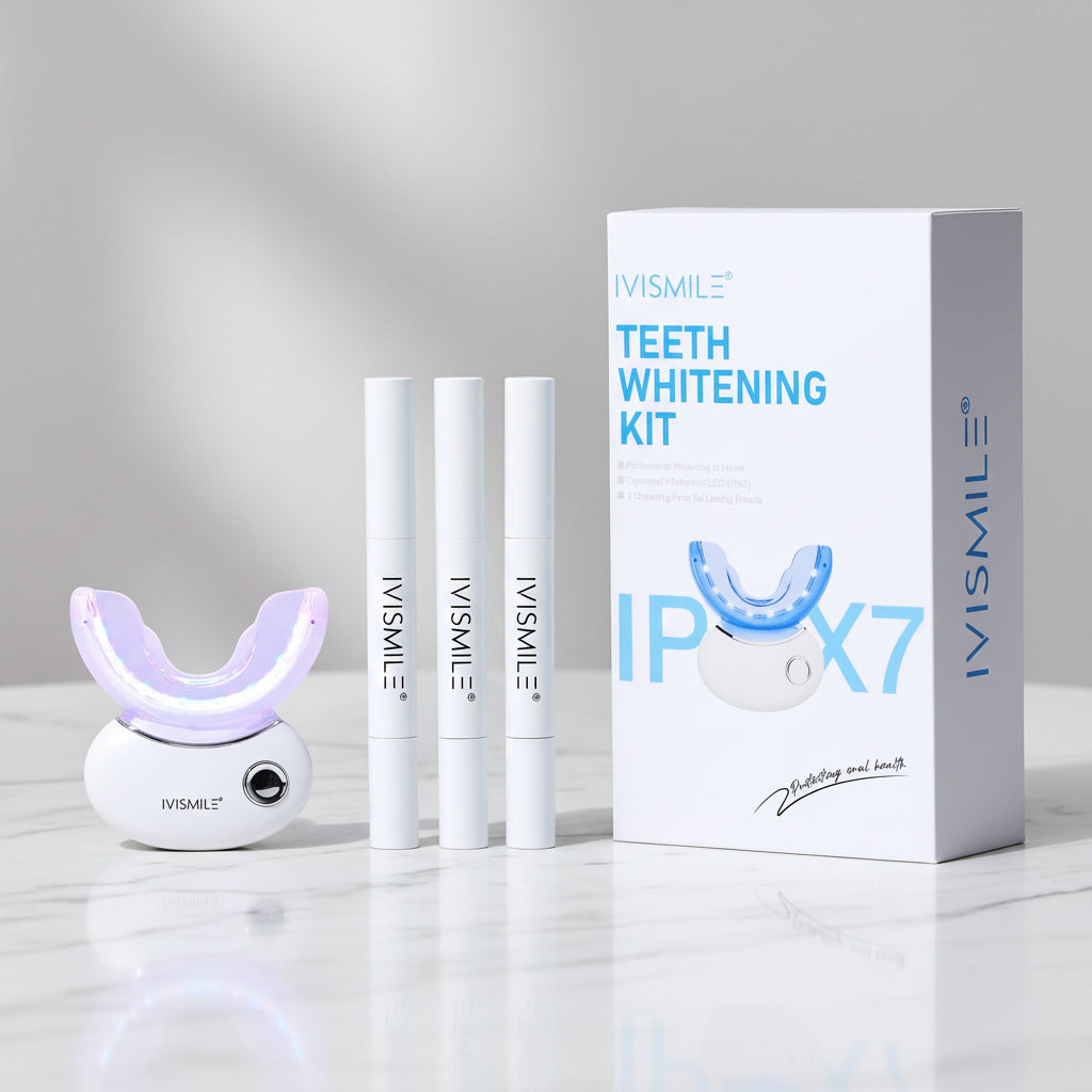 IVISMILE teeth whitening kit with packaging on a light gray background