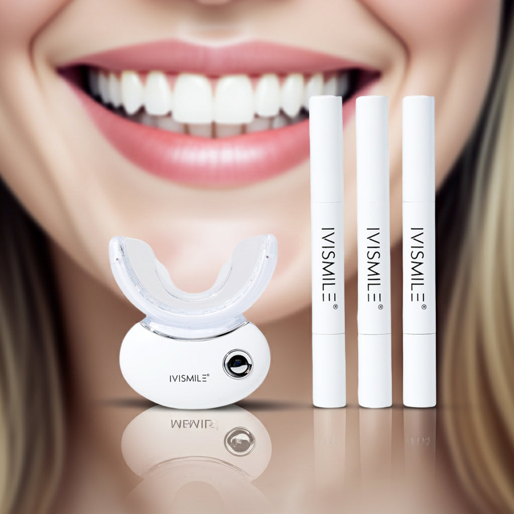 IVISMILE teeth whitening device and gel pens with a close-up of a smiling person's mouth.