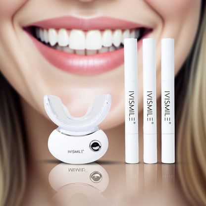 IVISMILE teeth whitening device and gel pens with a close-up of a smiling person's mouth.