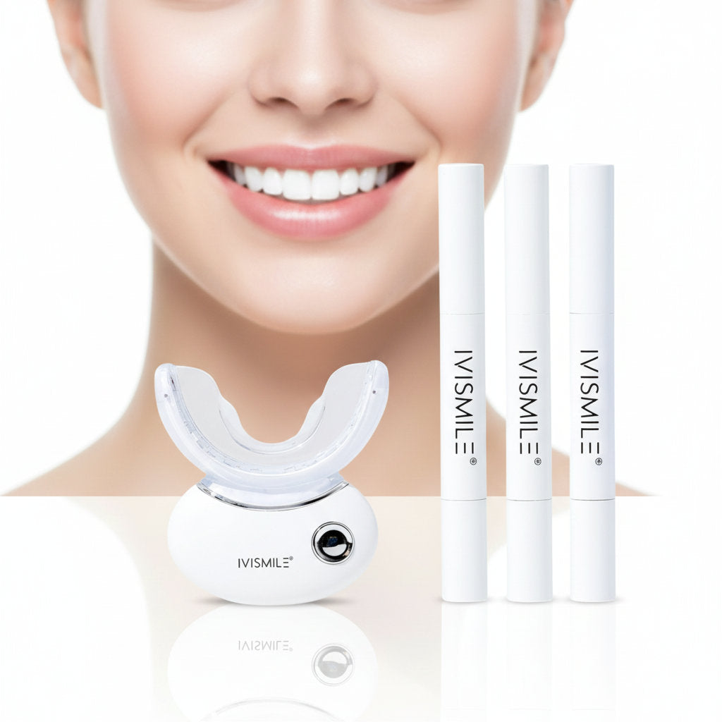 IVISMILE teeth whitening device and pens with a close-up of a person's face showing a bright smile.