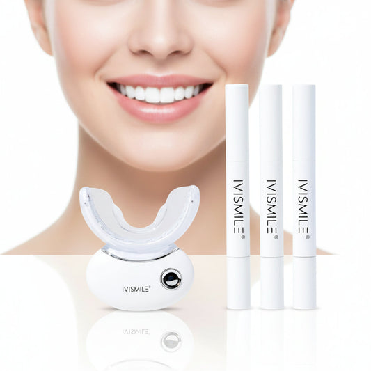 IVISMILE teeth whitening device and pens with a close-up of a person's face showing a bright smile.
