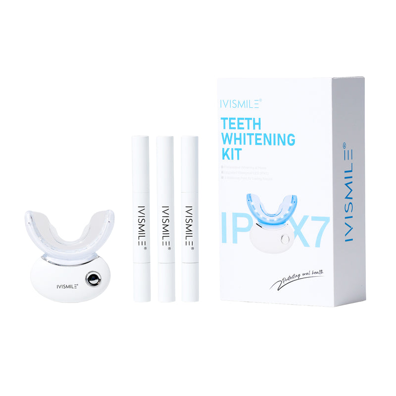 IVISMILE teeth whitening kit with mouthguard, applicators, and packaging on a white background