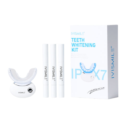 IVISMILE teeth whitening kit with mouthguard, applicators, and packaging on a white background