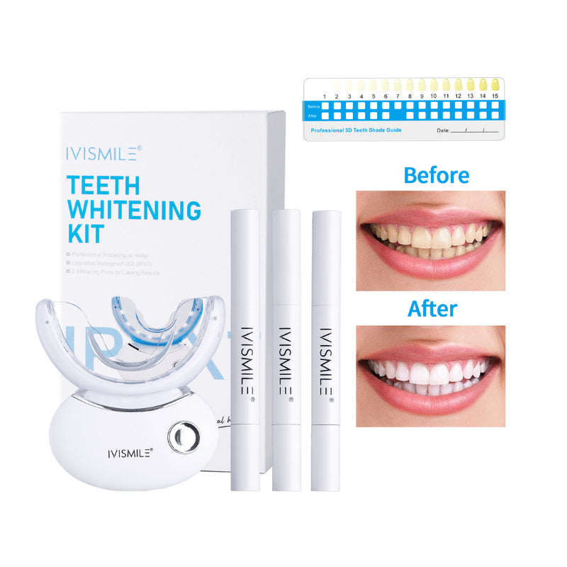 IVISMILE teeth whitening kit with packaging and before-and-after images on a white background