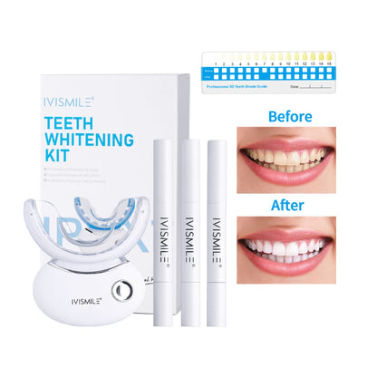 IVISMILE teeth whitening kit with packaging and before-and-after images on a white background