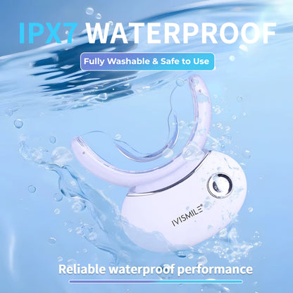 IVISMILE teeth whitening mouthpiece with water splashes and text highlighting waterproof feature on a blue background