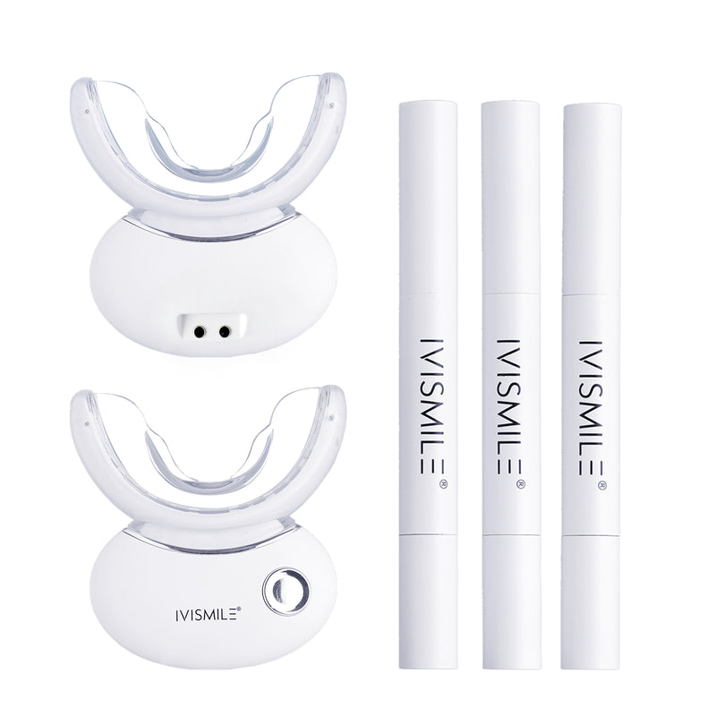 IVISMILE dental device and 3 white gel pens on a white background