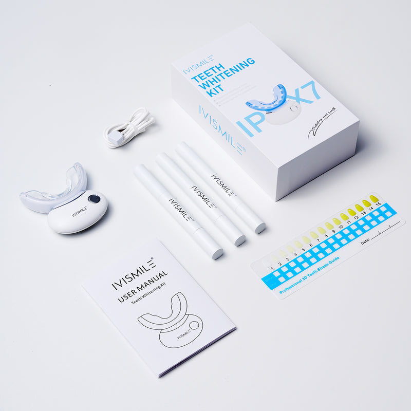 IVSmile teeth whitening kit with packaging, device, and instructions on a white background