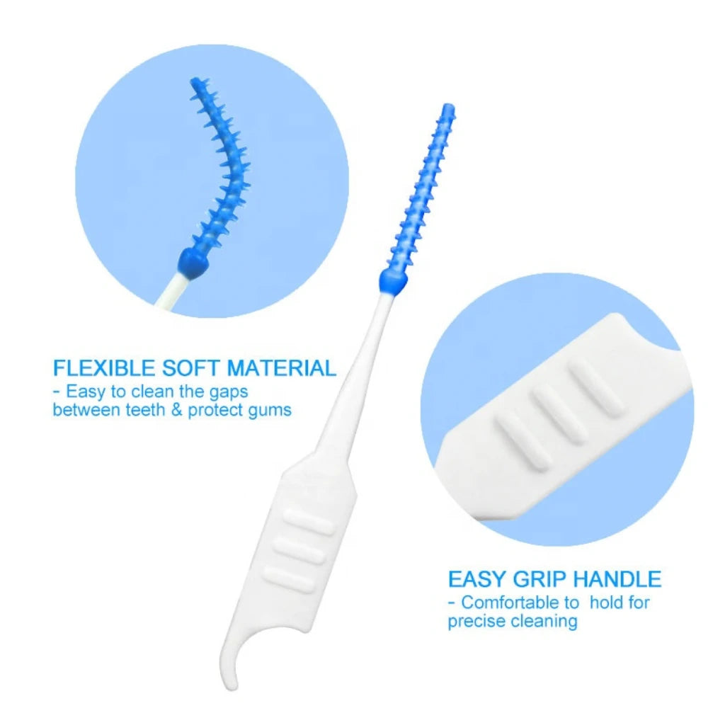 Interdental brush with flexible soft material and easy grip handle on a white background
