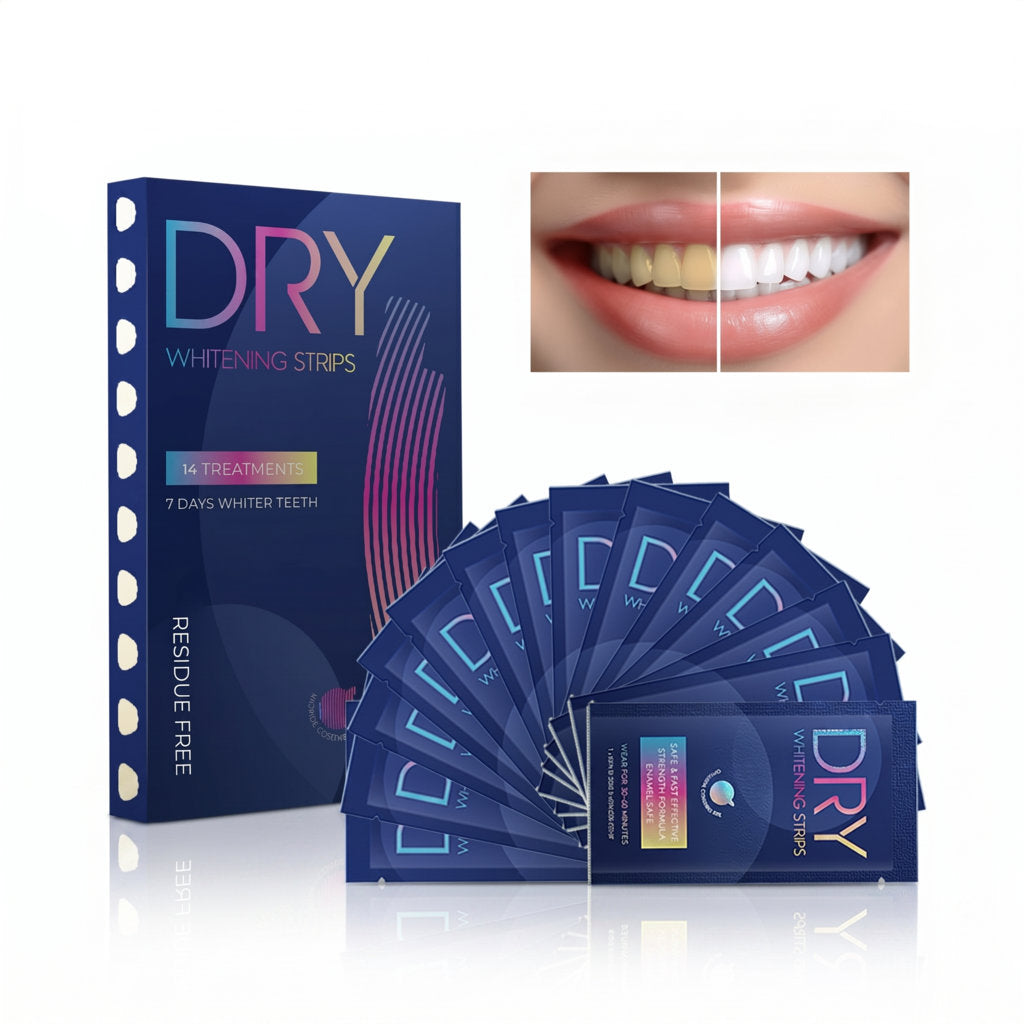 DRY teeth whitening strips packaging with before and after smile images on a white background