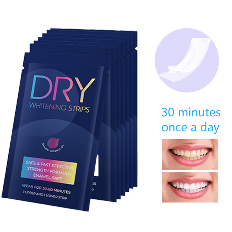 IVISMILE Packaging of DRY whitening strips with images of teeth before and after use on a white background.