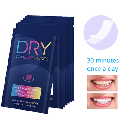 IVISMILE Packaging of DRY whitening strips with images of teeth before and after use on a white background.