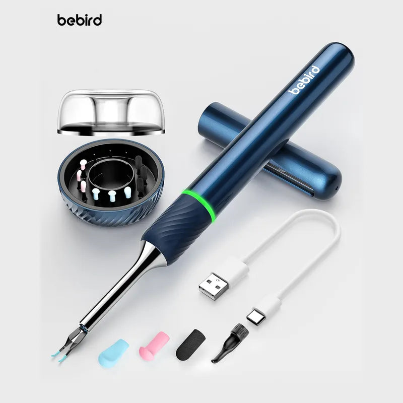 Blue bebird Note 5 Pro otoscope/Earwax Remover with its package content on a white background