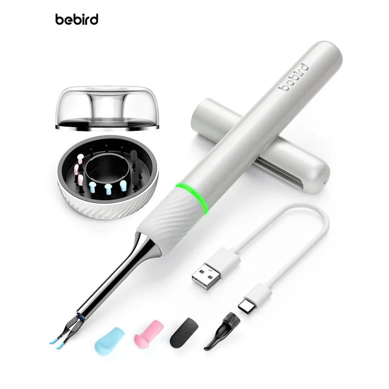 White bebird Note 5 Pro otoscope/Earwax Remover with its package content on a white background