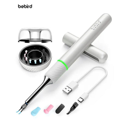 White bebird Note 5 Pro otoscope/Earwax Remover with its package content on a white background