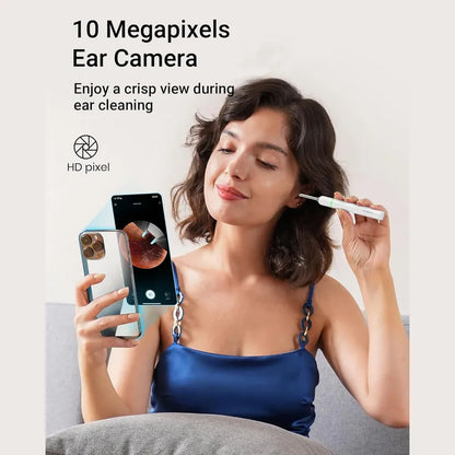 Woman using bebird note 5 pro ear cleaning tool with smartphone showing ear canal on screen
