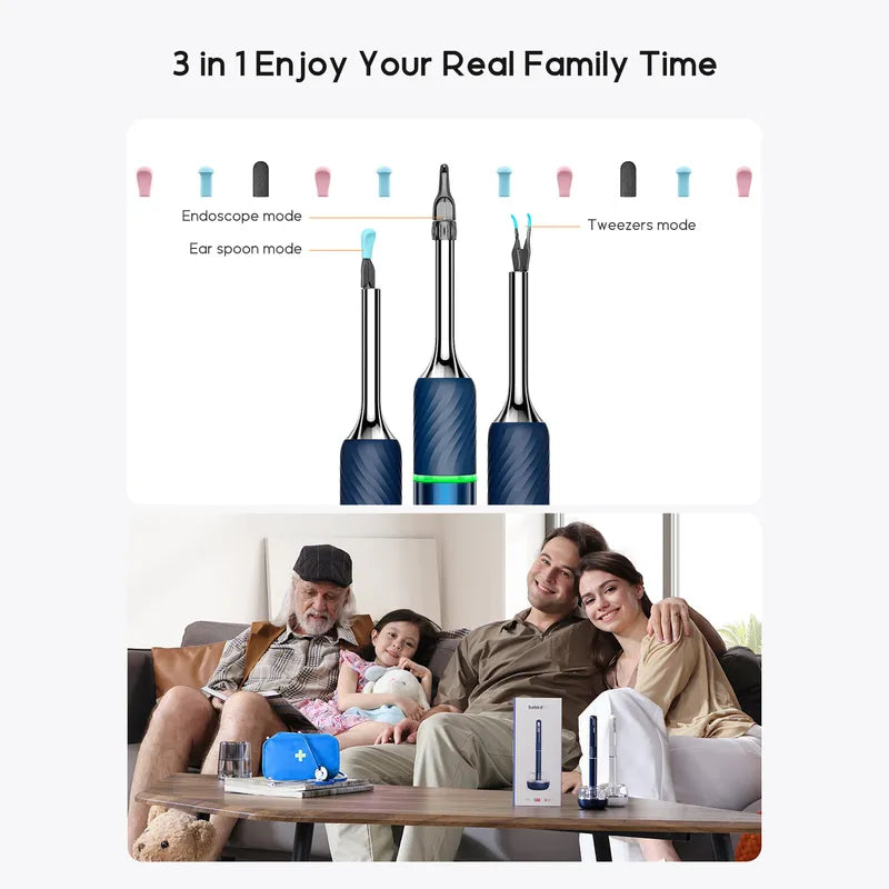 Bebird Note 5 Pro otoscope multifunctional tool with three modes labeled, shown with a family on a couch.