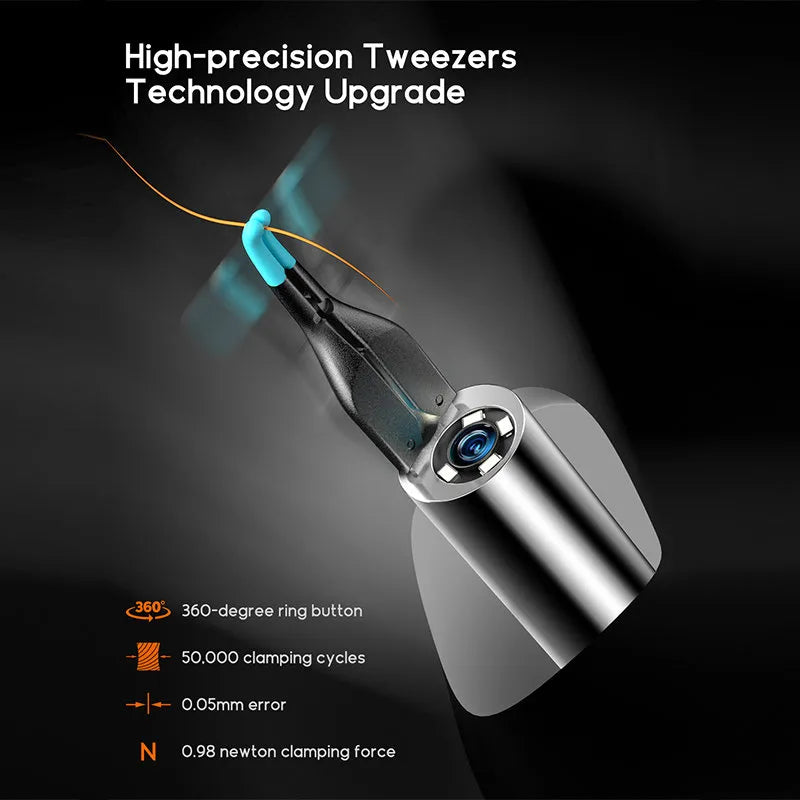 Bebird Note 5 Pro otoscope high-precision tweezers with technical specifications on a dark background