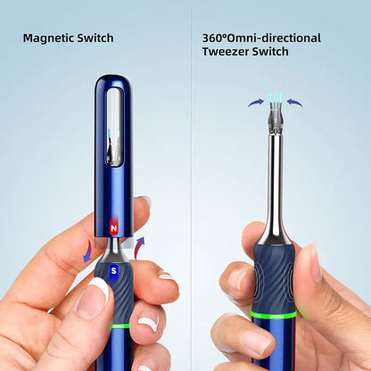 Two views of a bebird Note 5 Pro otoscope with a magnetic switch and 360-degree tweezers on a light blue background.
