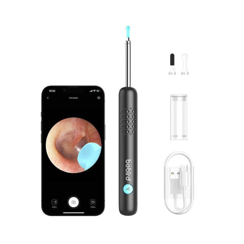 Bebird R1+ otoscope package including 2 tips and charging cable on a white background.