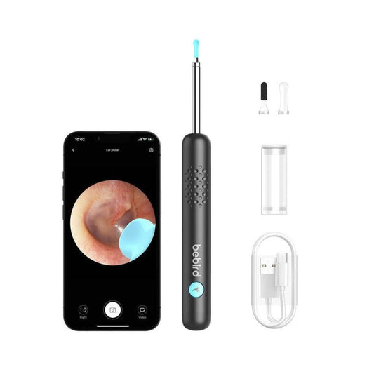 Bebird R1+ otoscope package including 2 tips and charging cable on a white background.