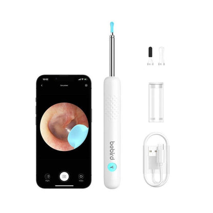 Bebird R1+ otoscope package including 2 tips and charging cable on a white background.