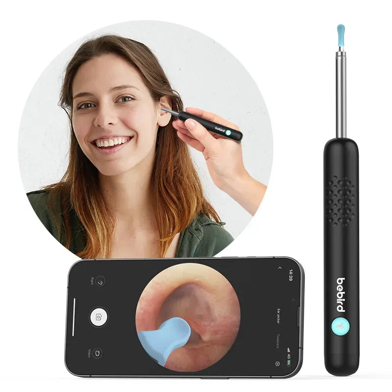 Bebird R1+ ear cleaning tool with smartphone app displaying ear inspection, woman using the tool.