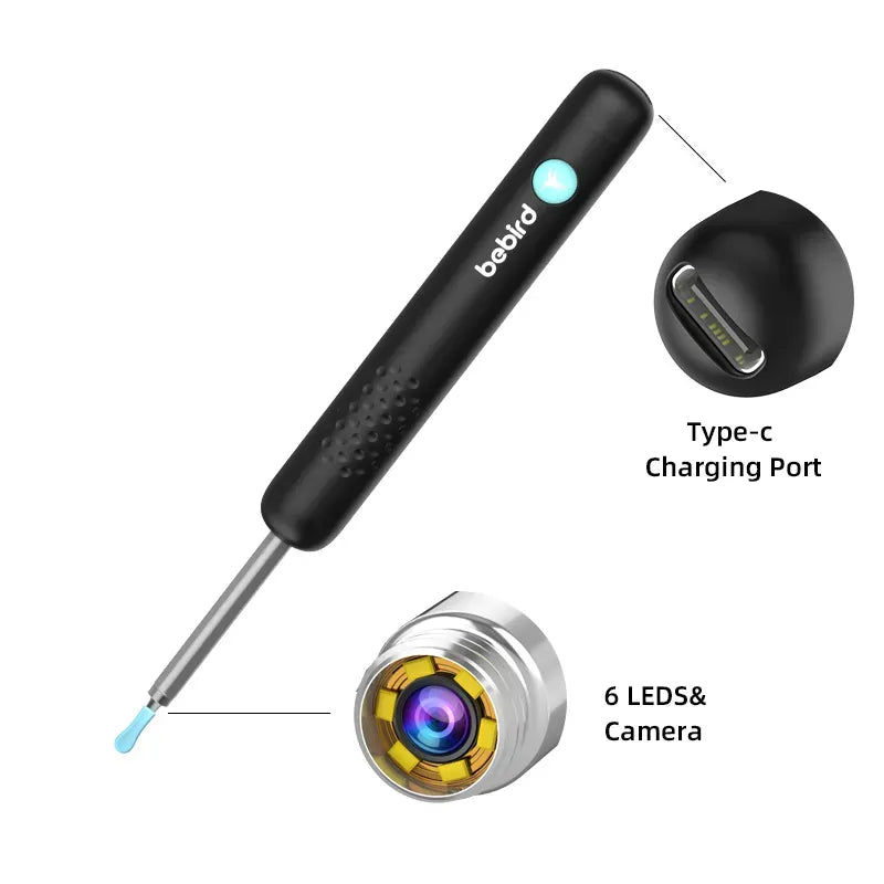 Bebird R1+ camera earwax remover with usb type-C charging port on a white background