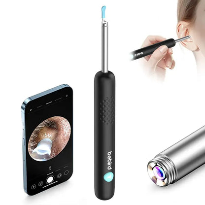 Ear cleaning tool with smartphone app displaying ear inspection, bebird R1+ visible