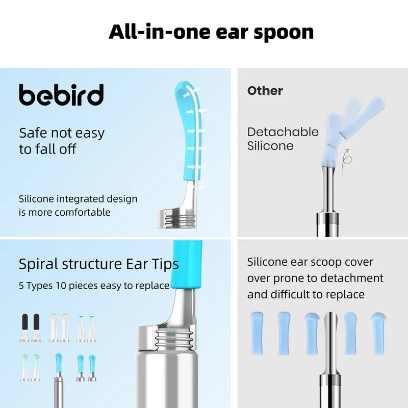 Bebird all-in-one ear spoon with features highlighted on a white background