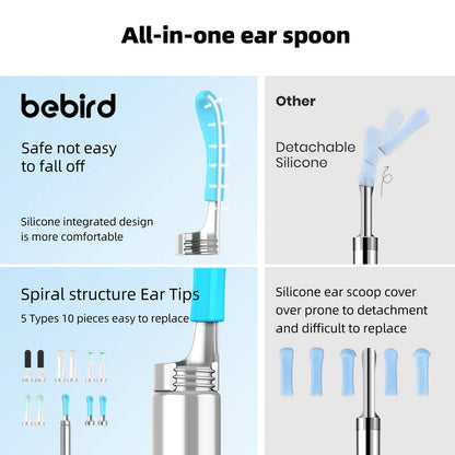 Bebird all-in-one ear spoon with features highlighted on a white background