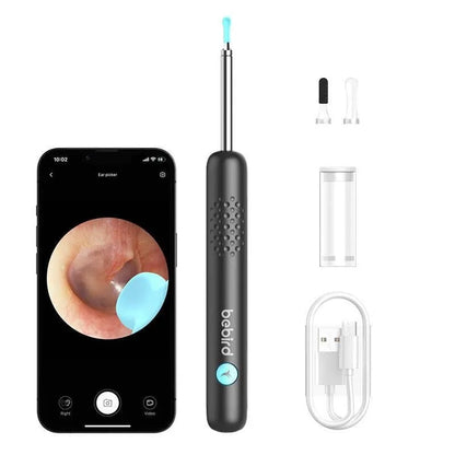 Bebird R1+ otoscope package including 2 tips and charging cable on a white background.