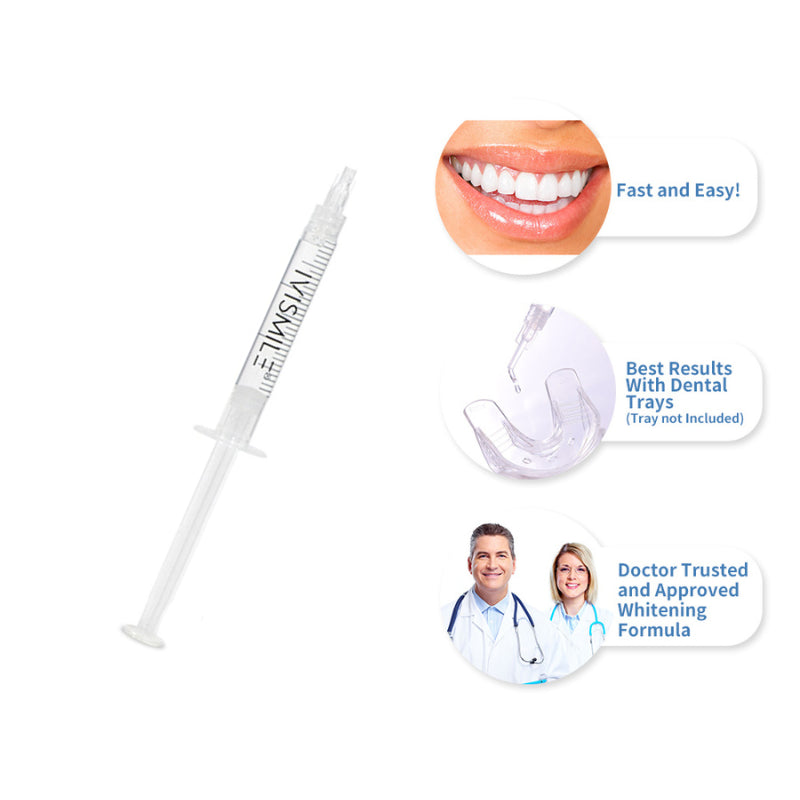 IVISMILE Teeth whitening gel syringe, smiling mouth, and doctor illustration on a white background