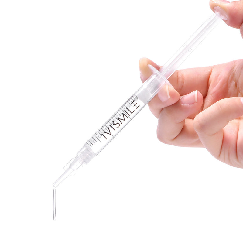 Hand holding a clear syringe with 'IVISMILE' branding on a white background