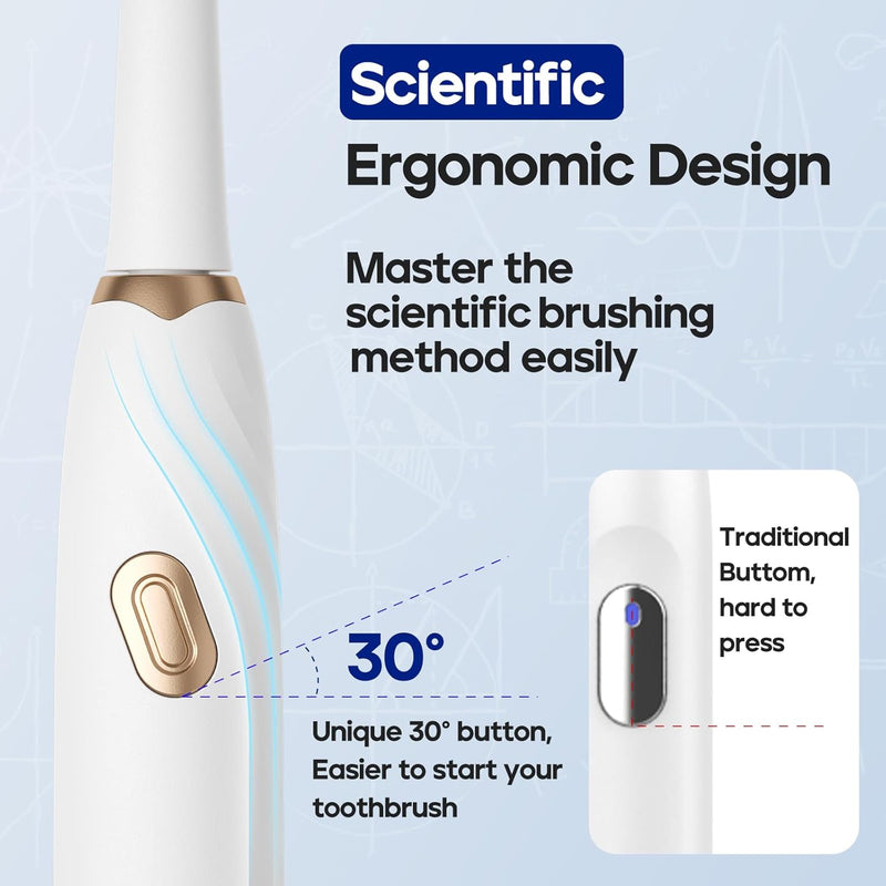 Seago toothbrush with ergonomic design features and text on a light blue background